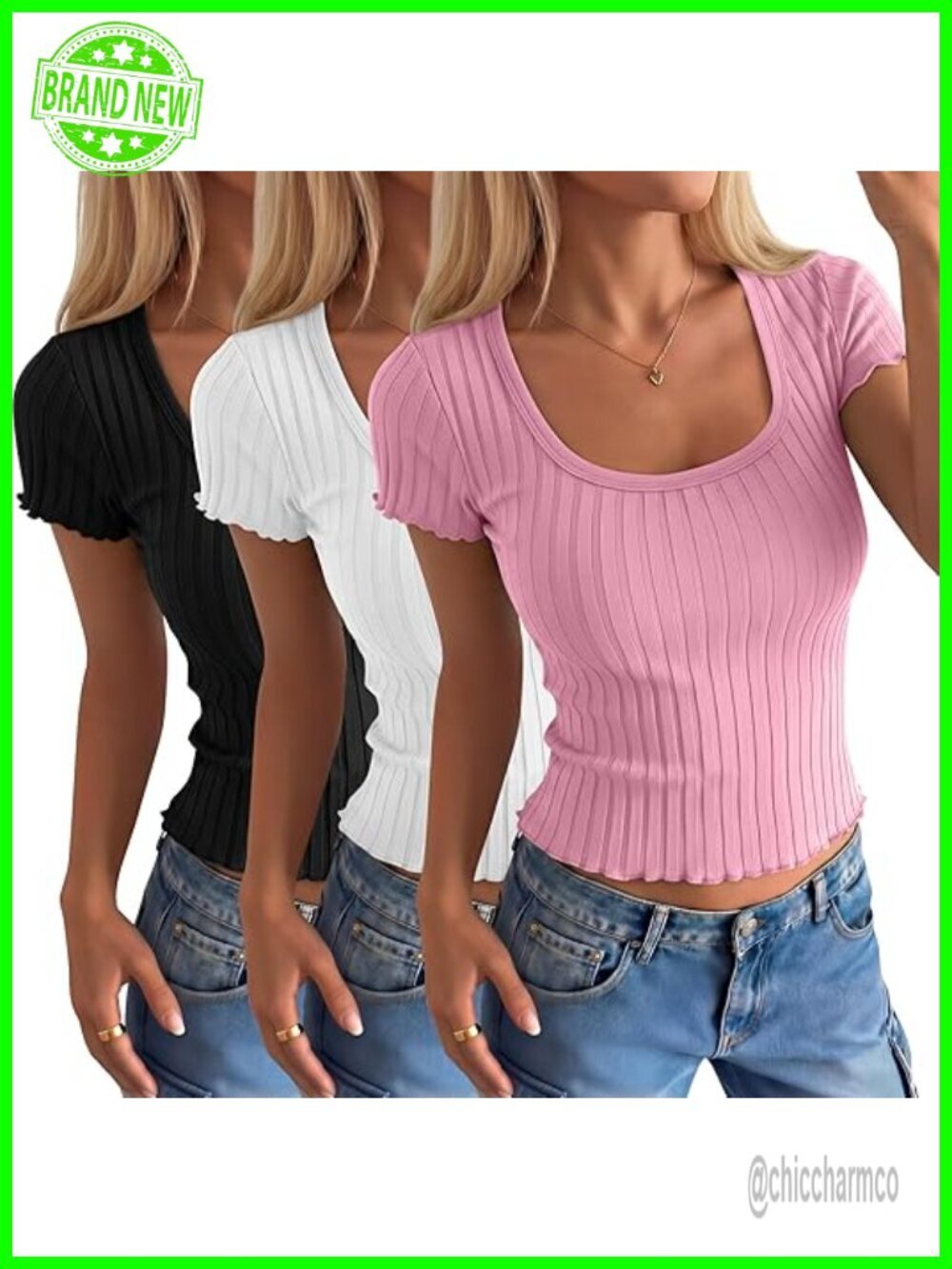 3 Pack Womens Short Sleeve Crop Tops Cotton Scoop Neck Ribbed Knit T Shirts